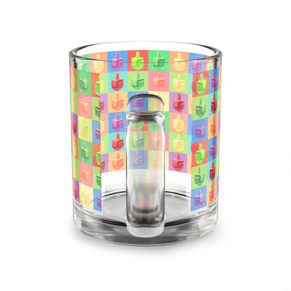 Pop Colorful Dreidel Pattern Glass Mug, 10oz | Hanukkah Kids Holiday Drinkware