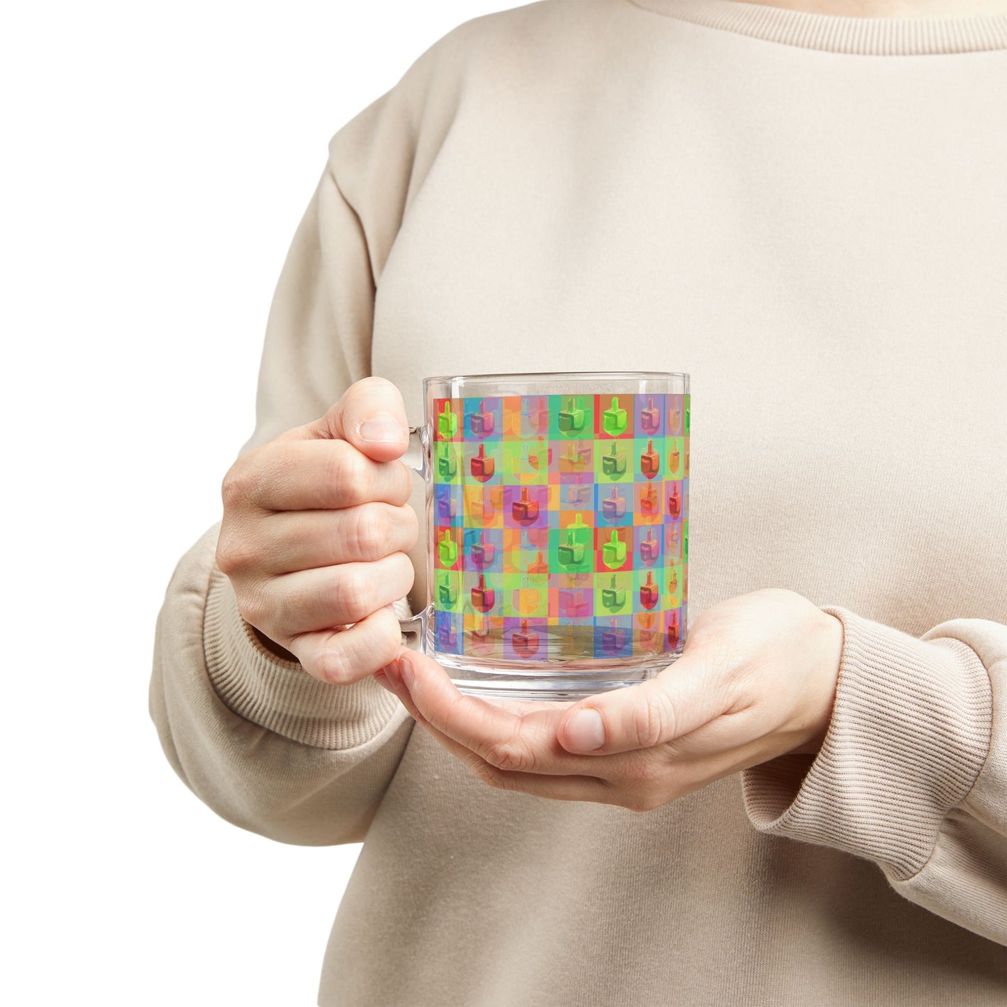 Pop Colorful Dreidel Pattern Glass Mug, 10oz | Hanukkah Kids Holiday Drinkware