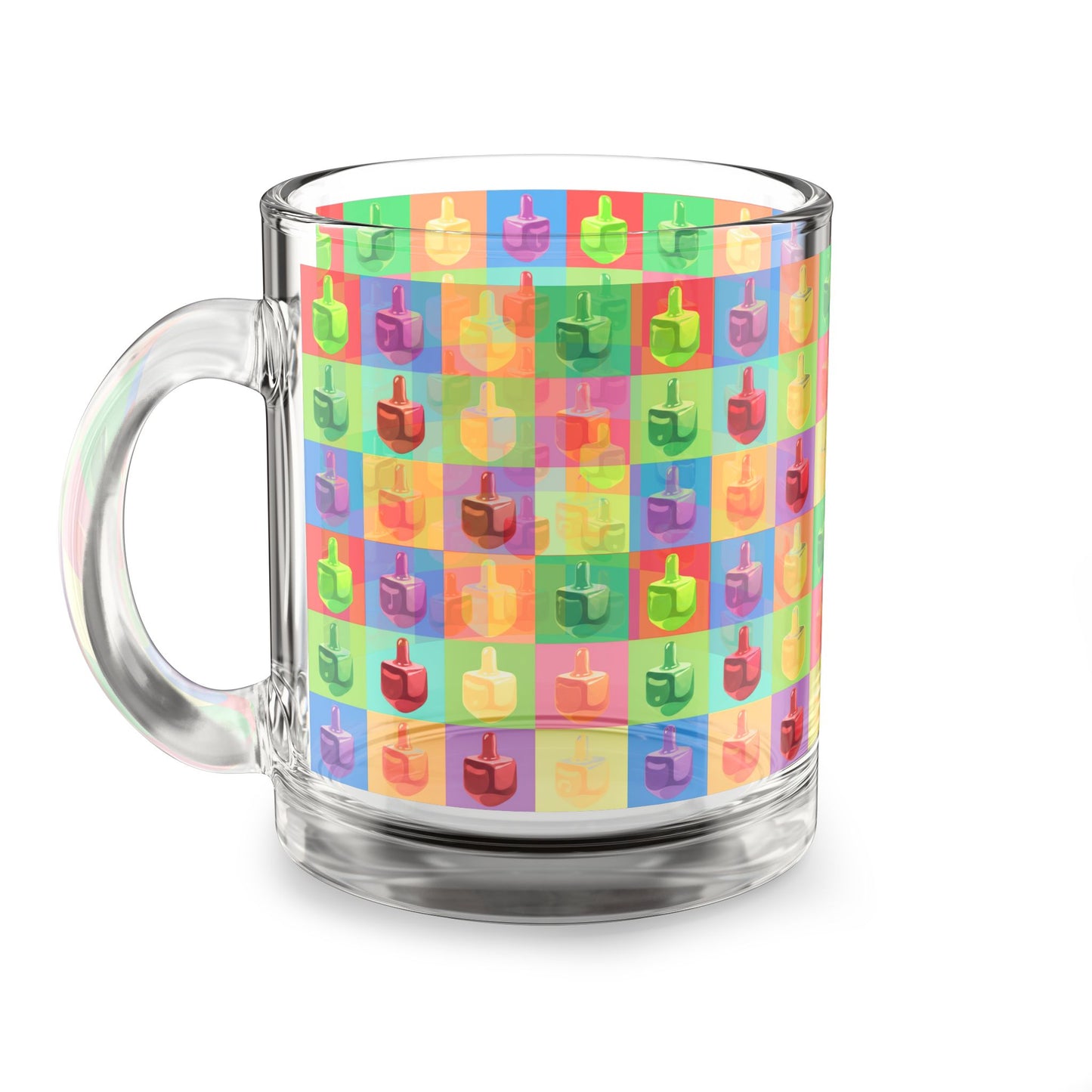 Pop Colorful Dreidel Pattern Glass Mug, 10oz | Hanukkah Kids Holiday Drinkware