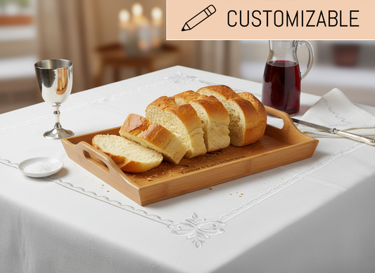Custom Challah Tray  Personalized Bamboo Shabbat Serving Tray, Judaica Gift, Engraved with Name and "Hamotzi" Blessing