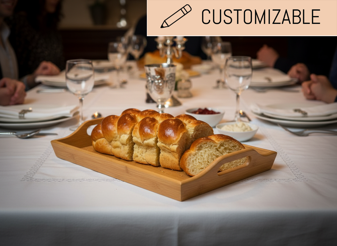 Custom Challah Tray  Personalized Bamboo Shabbat Serving Tray, Judaica Gift, Engraved with Name and "Hamotzi" Blessing