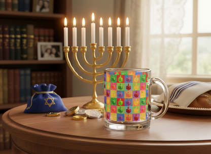 Pop Colorful Dreidel Pattern Glass Mug, 10oz | Hanukkah Kids Holiday Drinkware