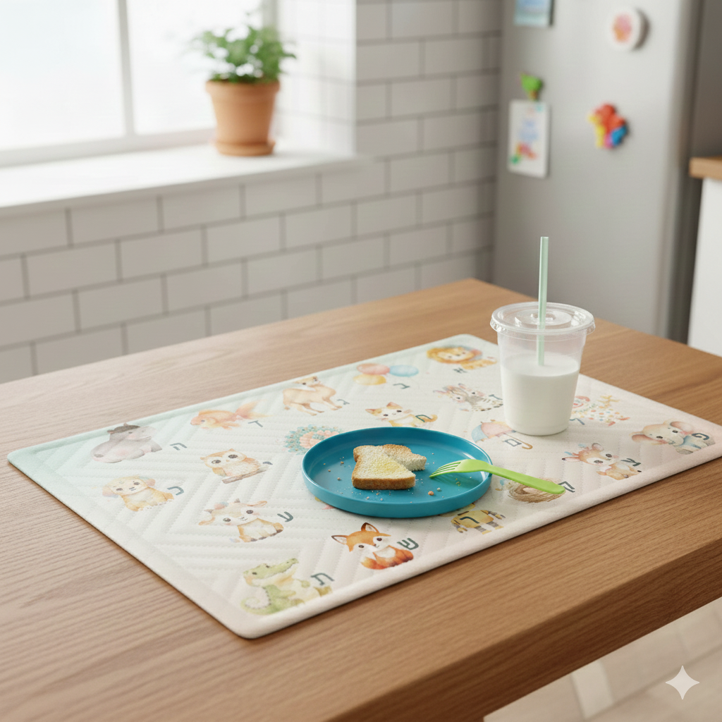 Hebrew Alphabet 'Alef-Bet' Soft Baby Quilted Placemat — with Adorable Animals -Educational Judaica Gift