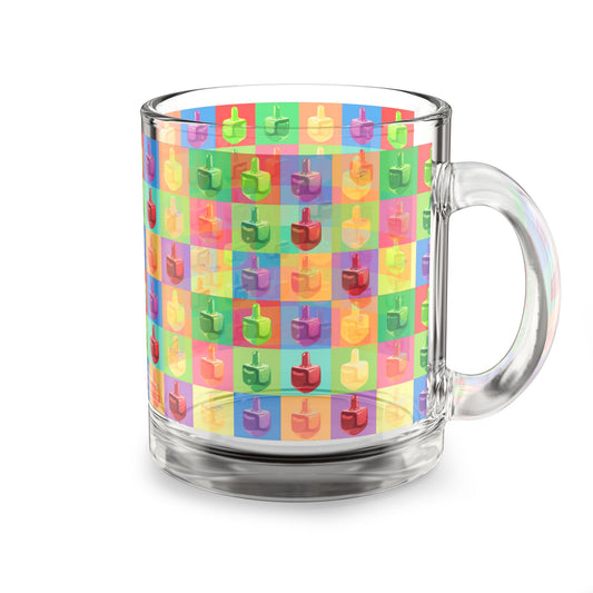 Pop Colorful Dreidel Pattern Glass Mug, 10oz | Hanukkah Kids Holiday Drinkware