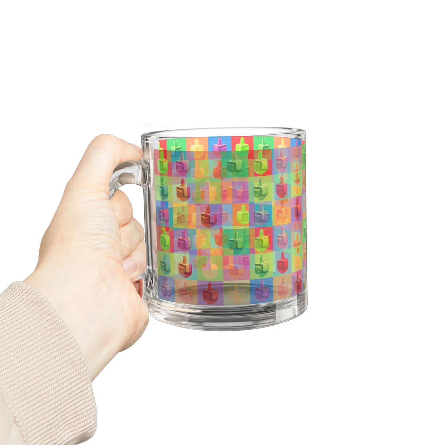Pop Colorful Dreidel Pattern Glass Mug, 10oz | Hanukkah Kids Holiday Drinkware
