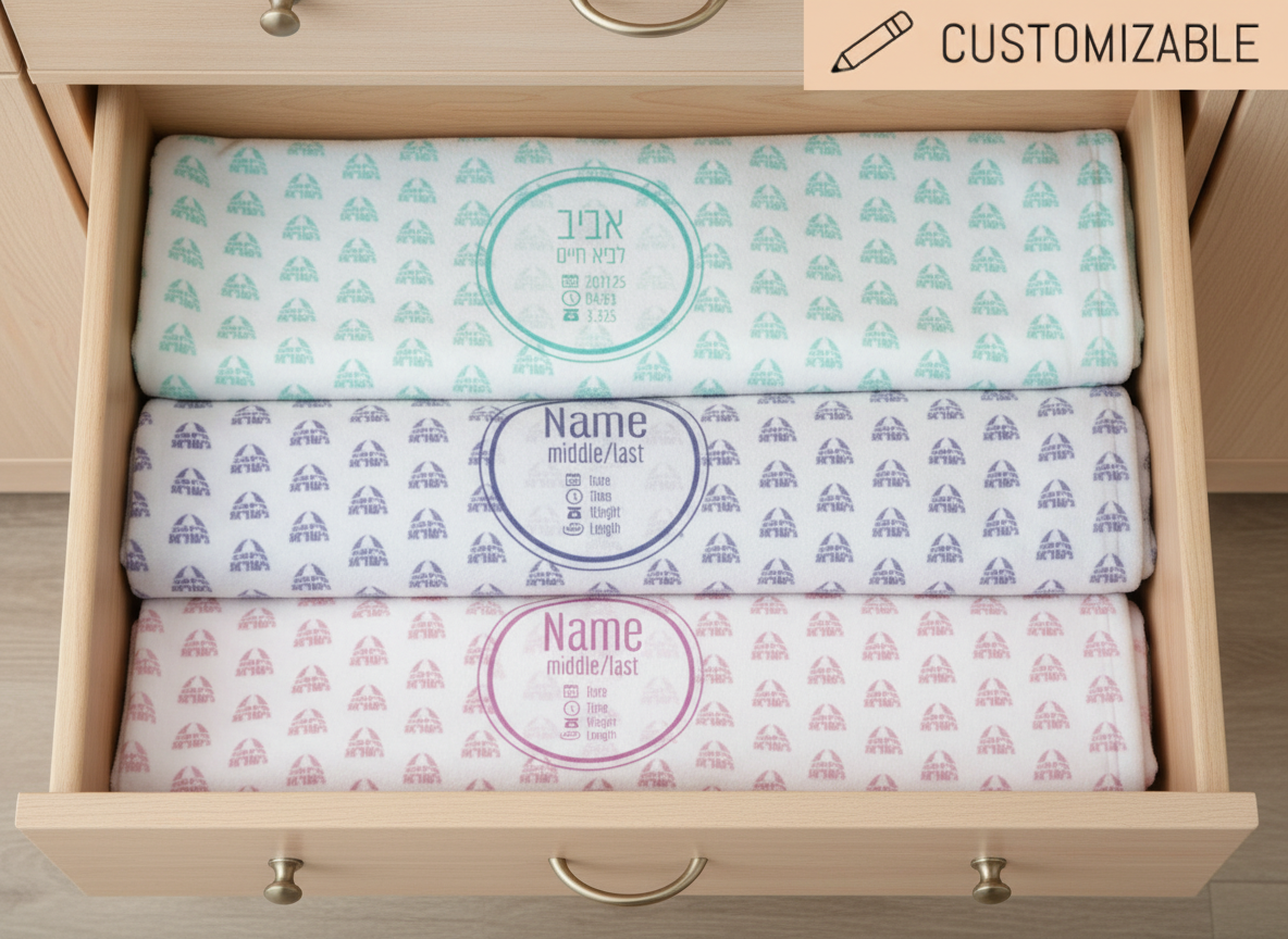 🎁Personalized "Sabra Baby" Swaddle Blanket – Made in Israel Pattern | Custom Name + Birth Stats | Hebrew or English | Nursery Art