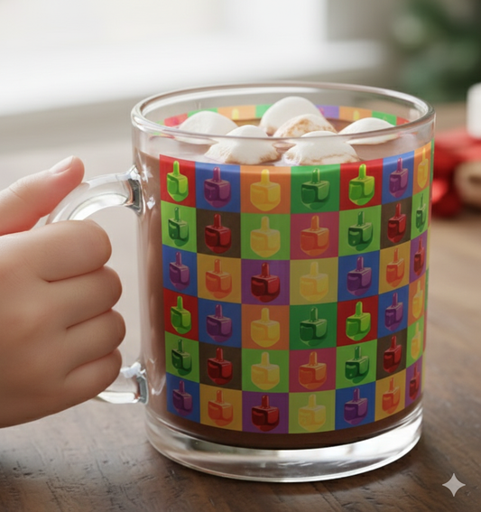 Pop Colorful Dreidel Pattern Glass Mug, 10oz | Hanukkah Kids Holiday Drinkware