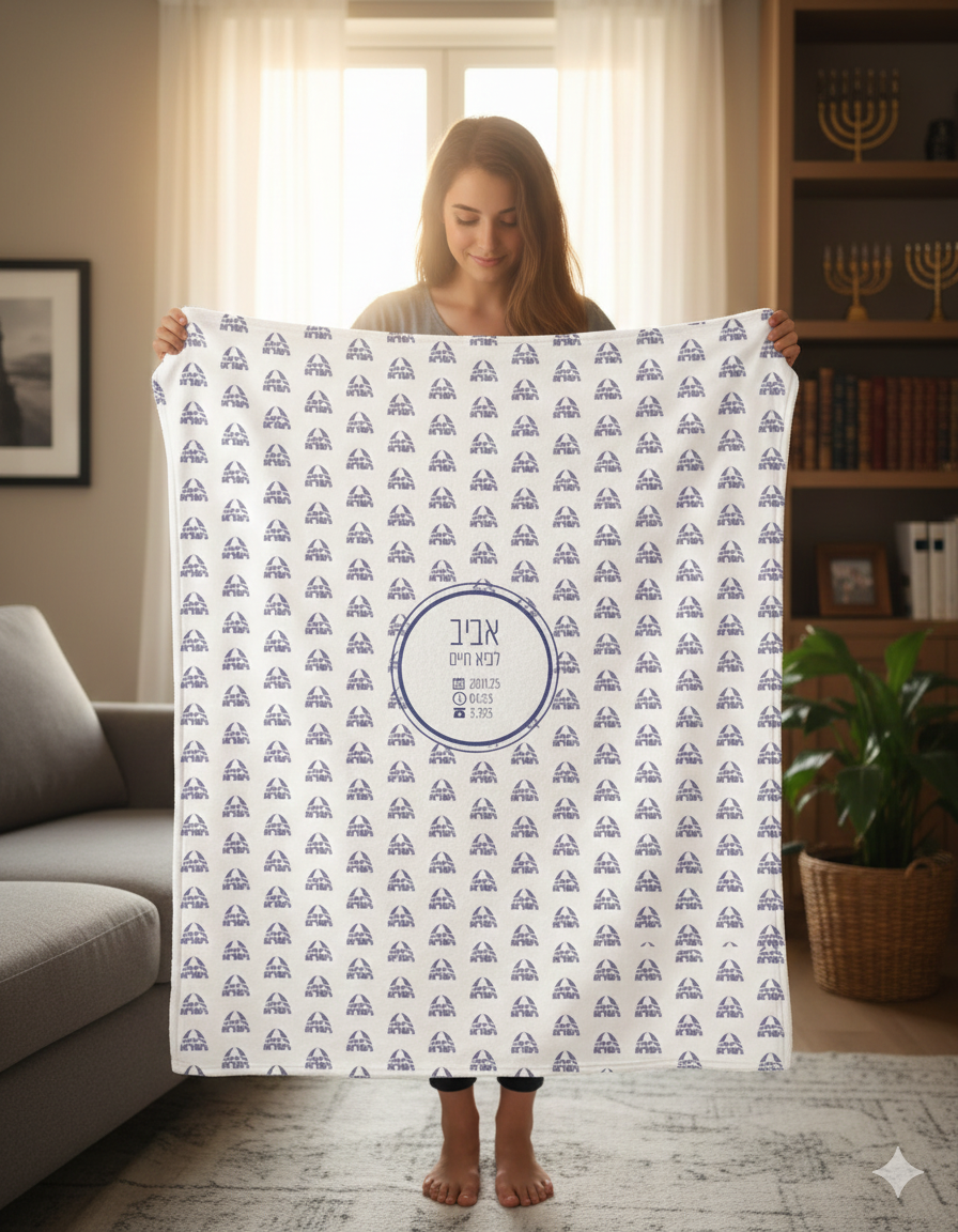 🎁Personalized "Sabra Baby" Swaddle Blanket – Made in Israel Pattern | Custom Name + Birth Stats | Hebrew or English | Nursery Art